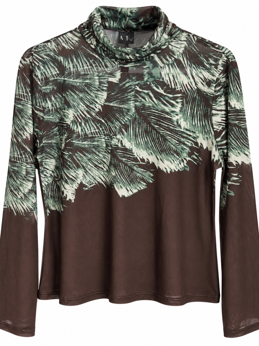 Worthington Brown and Green Palm-Print Long-Sleeve mesh Top size XL petite